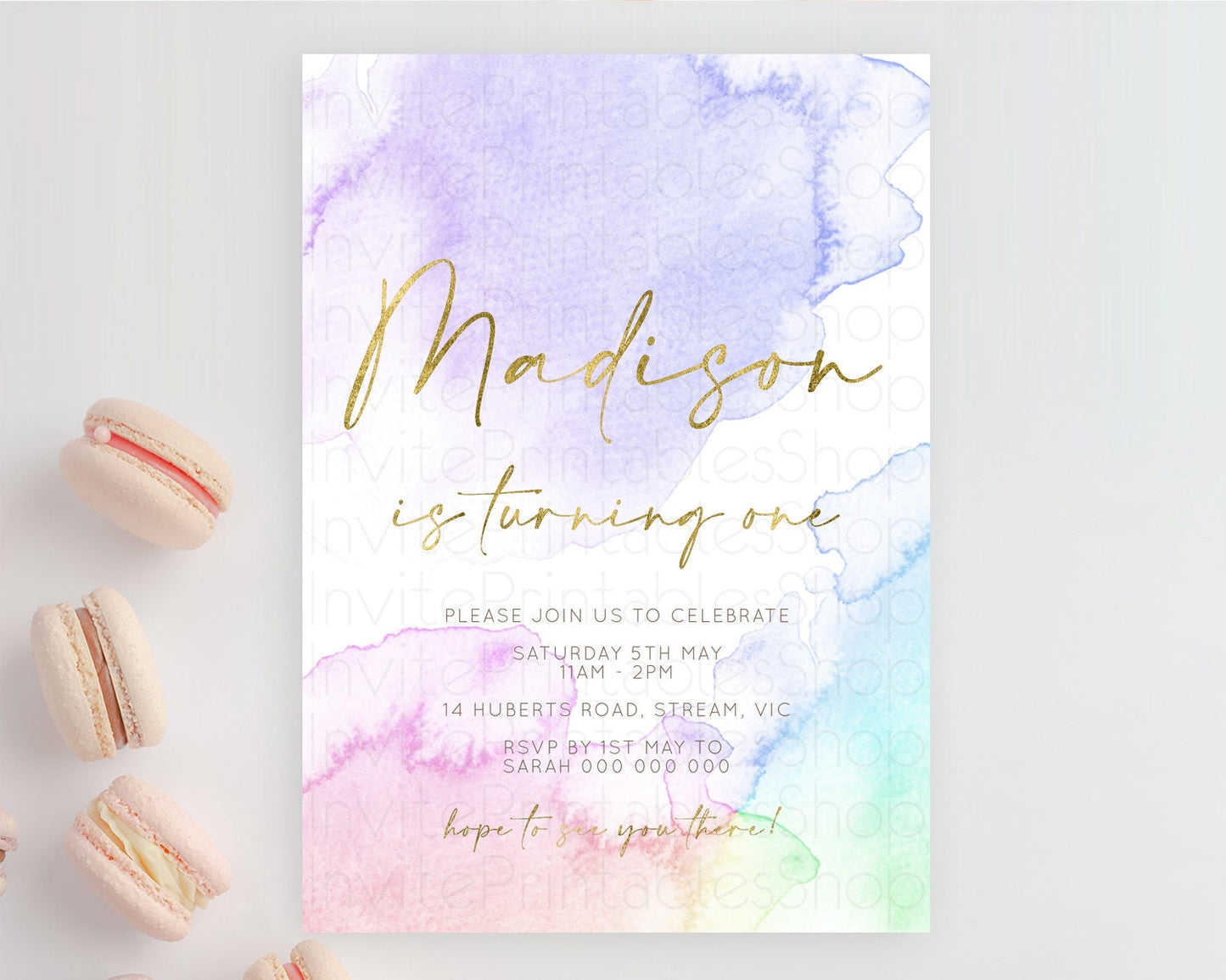 Rainbow Birthday Invitation Colorful Pastel Watercolor Invitation Gold Glitter Sprinkles Ombre Pastel 1st 2nd 3rd Birthday D10215