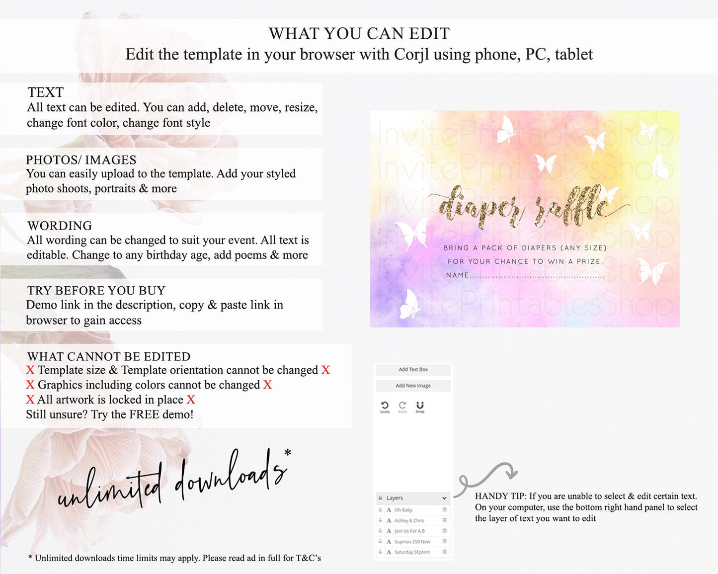 Pastel Diaper Raffle Card Pastel Rainbow Diaper Raffle Insert Colorful Ombre Watercolor Diaper Ticket Confetti Glitter Raffle Game D10435