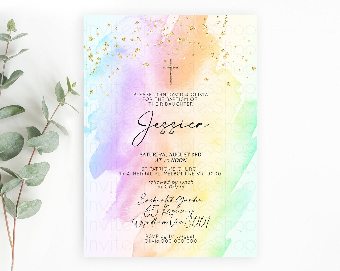 Pastel Baptism Invitation Pastel Colors Watercolor Baptism 1st Birthday Party Gold Ombre Pastel Rainbow Christening Holy Communion D10645