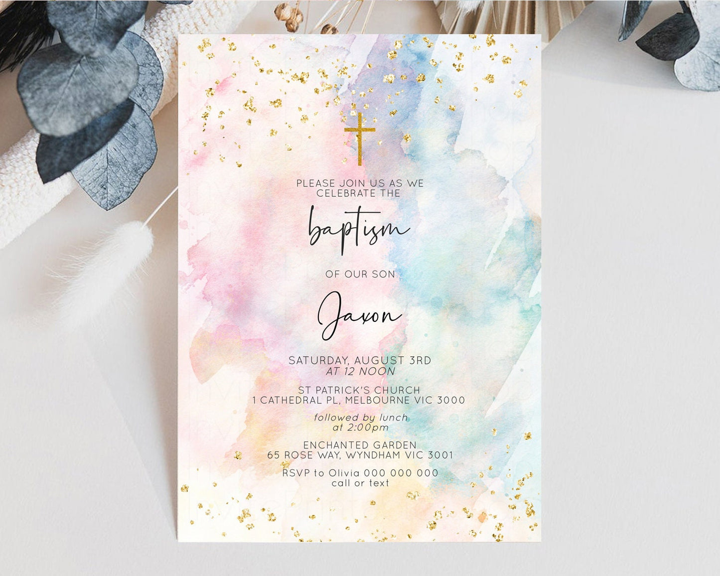 Rainbow Baptism Invitation Pastel Christening Invitation Holy Communion Invitation Glitter Watercolor Splash Invitation Colorful Invite 276