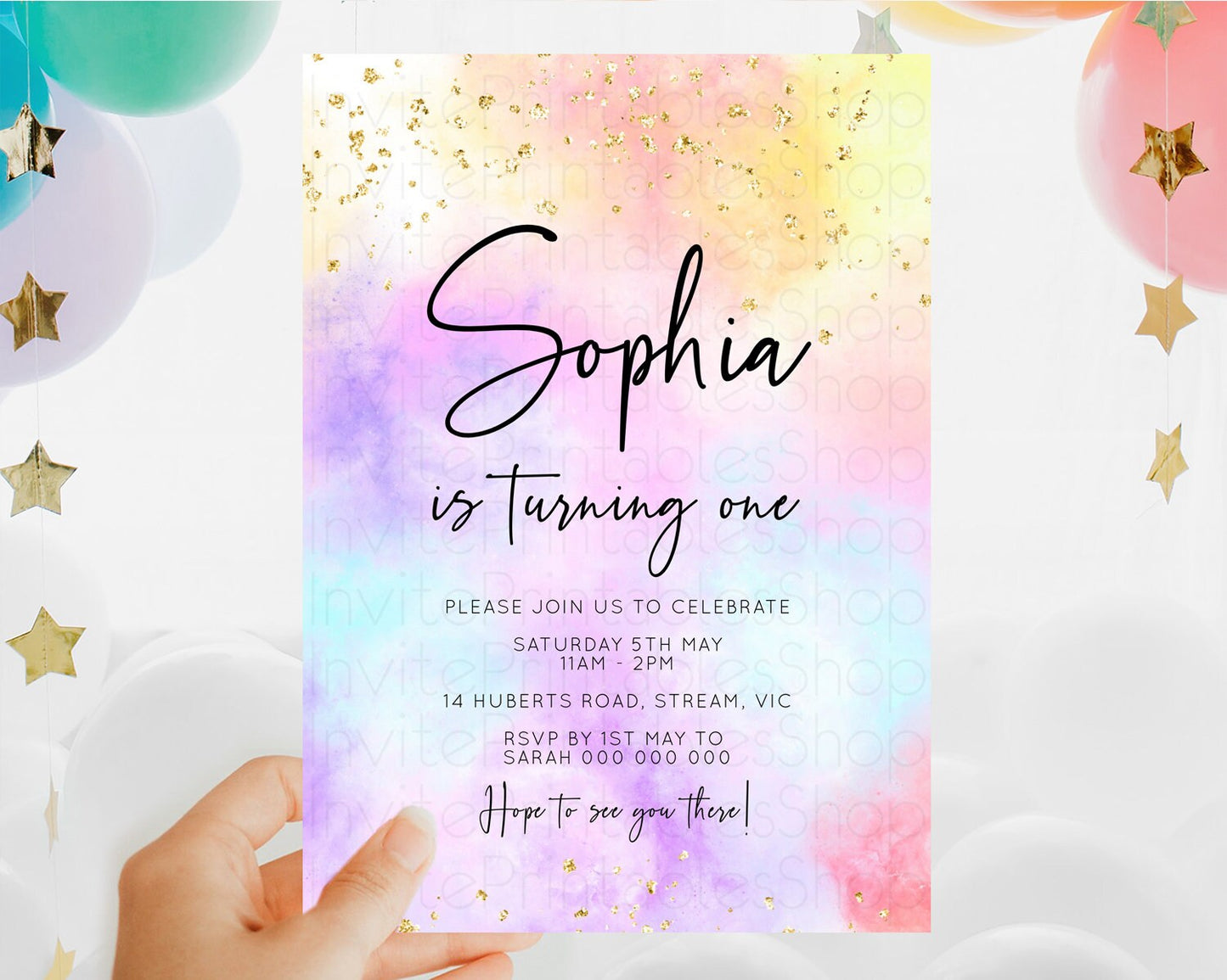 Rainbow Birthday Invitation Colorful Pastel Watercolor Invitation Gold Glitter Sprinkles Ombre Pastel 1st 2nd 3rd Birthday D10437