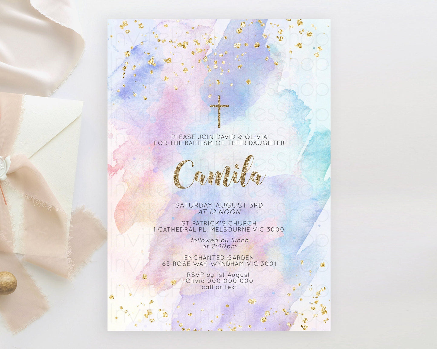 Pastel Baptism Invitation Pastel Colors Watercolor Baptism 1st Birthday Party Gold Ombre Pastel Rainbow Christening Holy Communion D10583