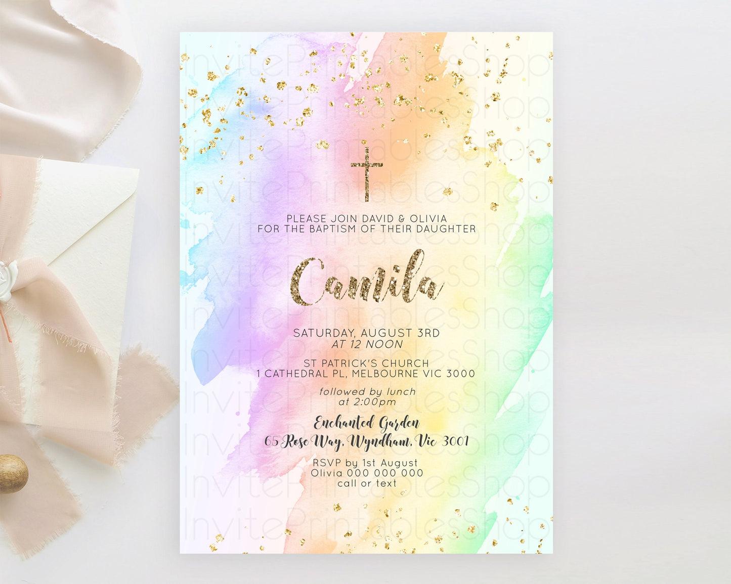 Pastel Baptism Invitation Pastel Colors Watercolor Baptism 1st Birthday Party Gold Ombre Pastel Rainbow Christening Holy Communion D10643