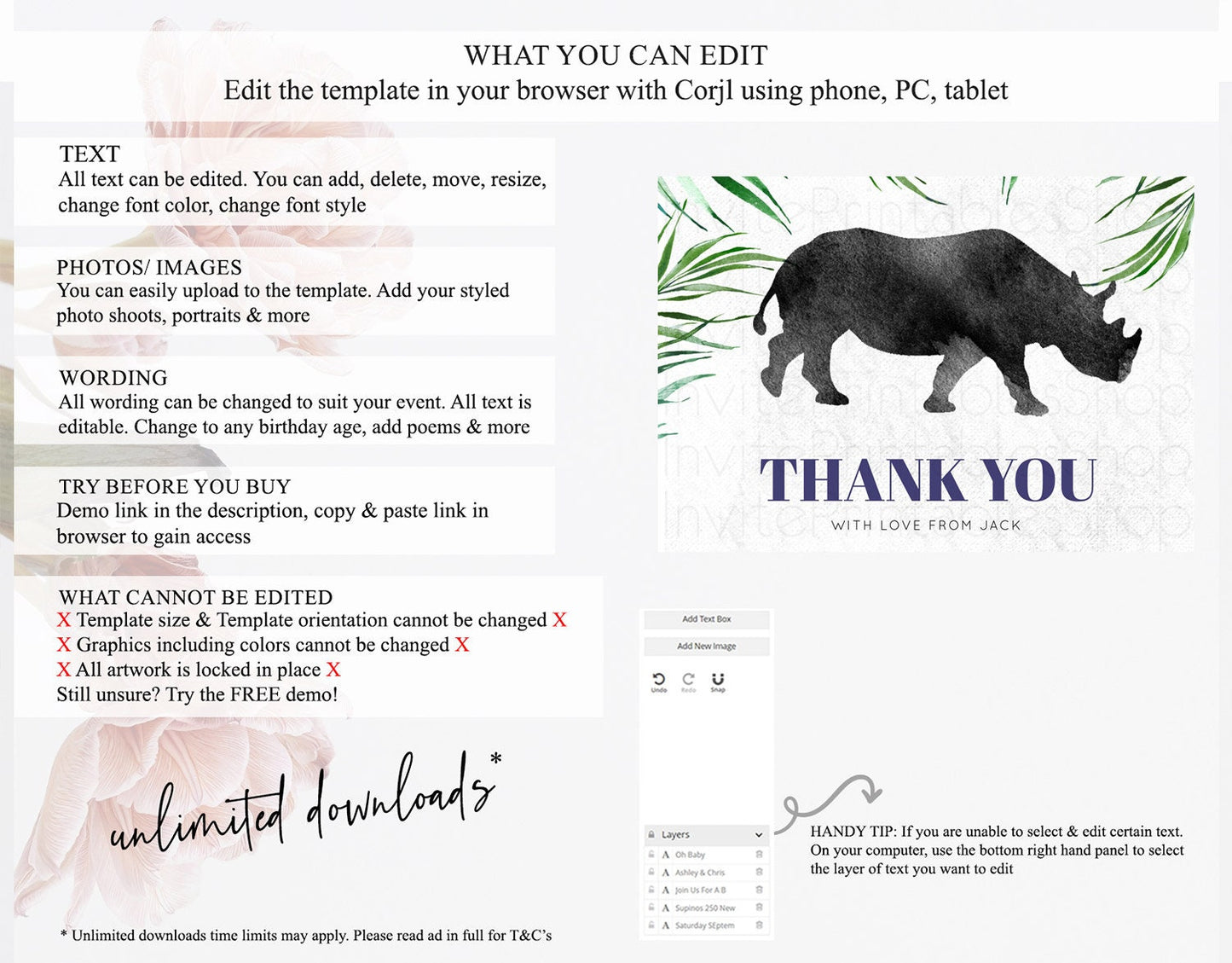 Rhino Thank You Rhino Thank You Card Rhino Birthday Thank You Card Rhino Card Template First Birthday Rhino Teacher Thank You Cards D10843