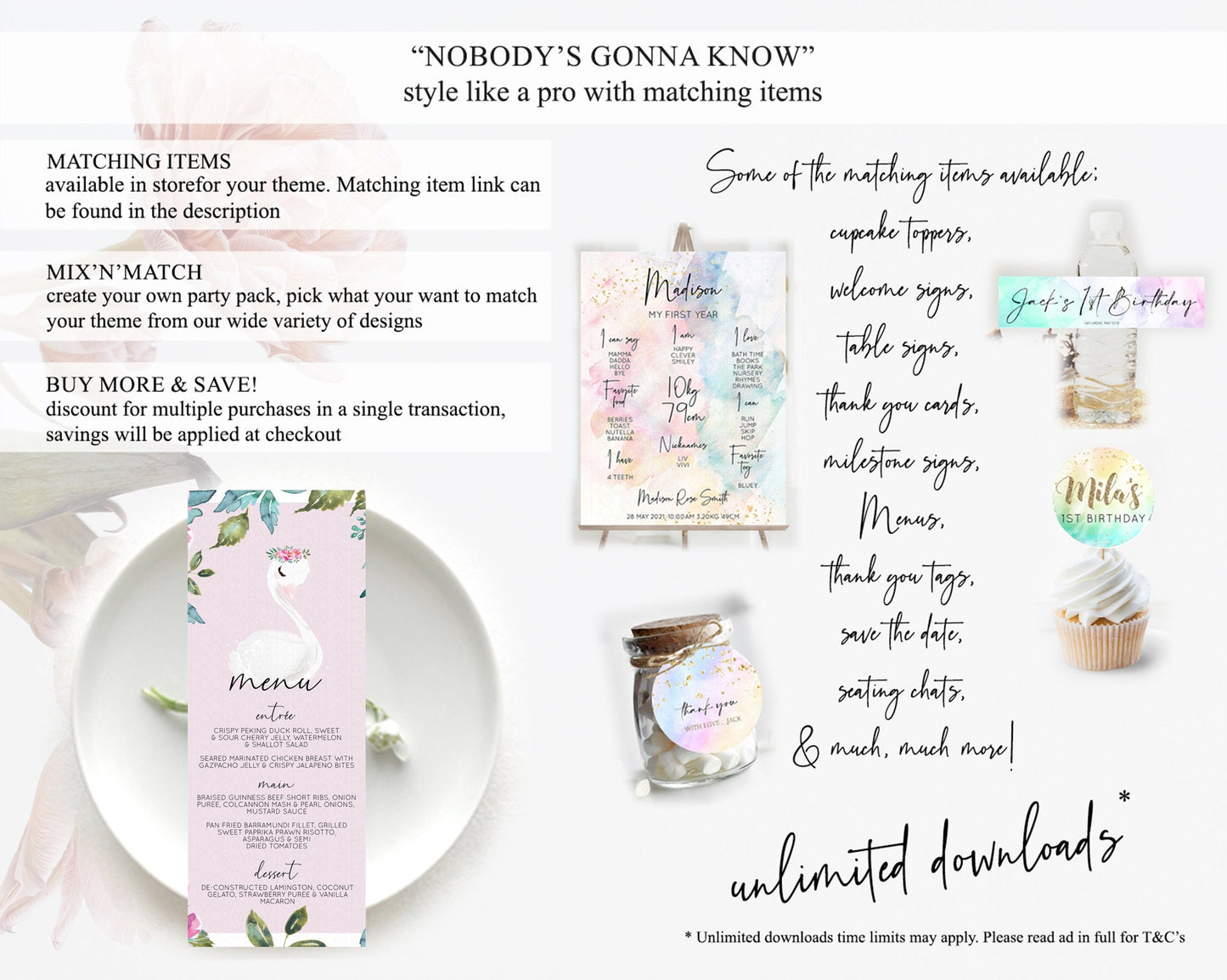 Swan Menu Swan Princess Ballet Menu Template Enchanted Swan Lake Table Decor Secret Garden Pastel Floral Dinner Dessert Food Menu  D10757