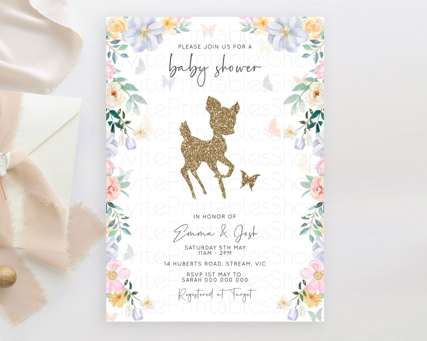 Fawn Baby Shower Invitation Deer Baby Shower Invites Enchanted Forest Theme Butterfly Pastel Flowers Whimsical Baby Shower D10477