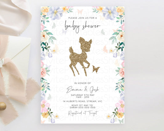 Fawn Baby Shower Invitation Deer Baby Shower Invites Enchanted Forest Theme Butterfly Pastel Flowers Whimsical Baby Shower D10477