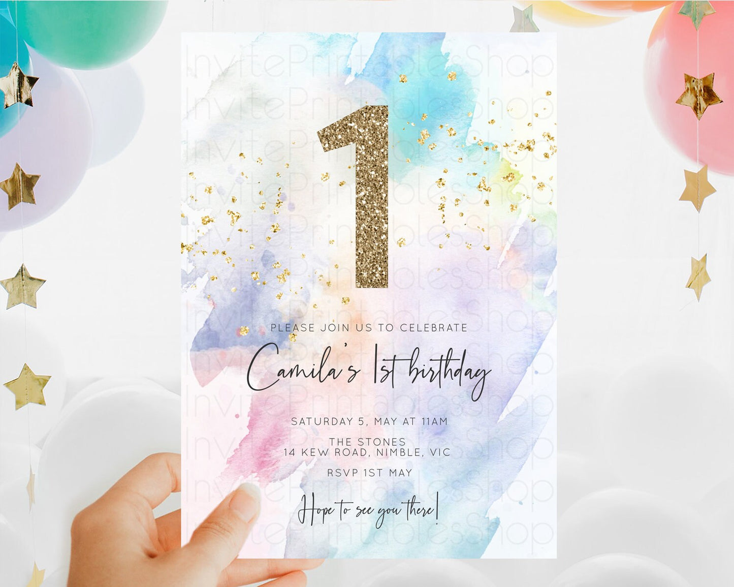 Rainbow Birthday Invitation Colorful Pastel Watercolor Invitation Gold Glitter Sprinkles Ombre Pastel 1st 2nd 3rd Birthday D10424