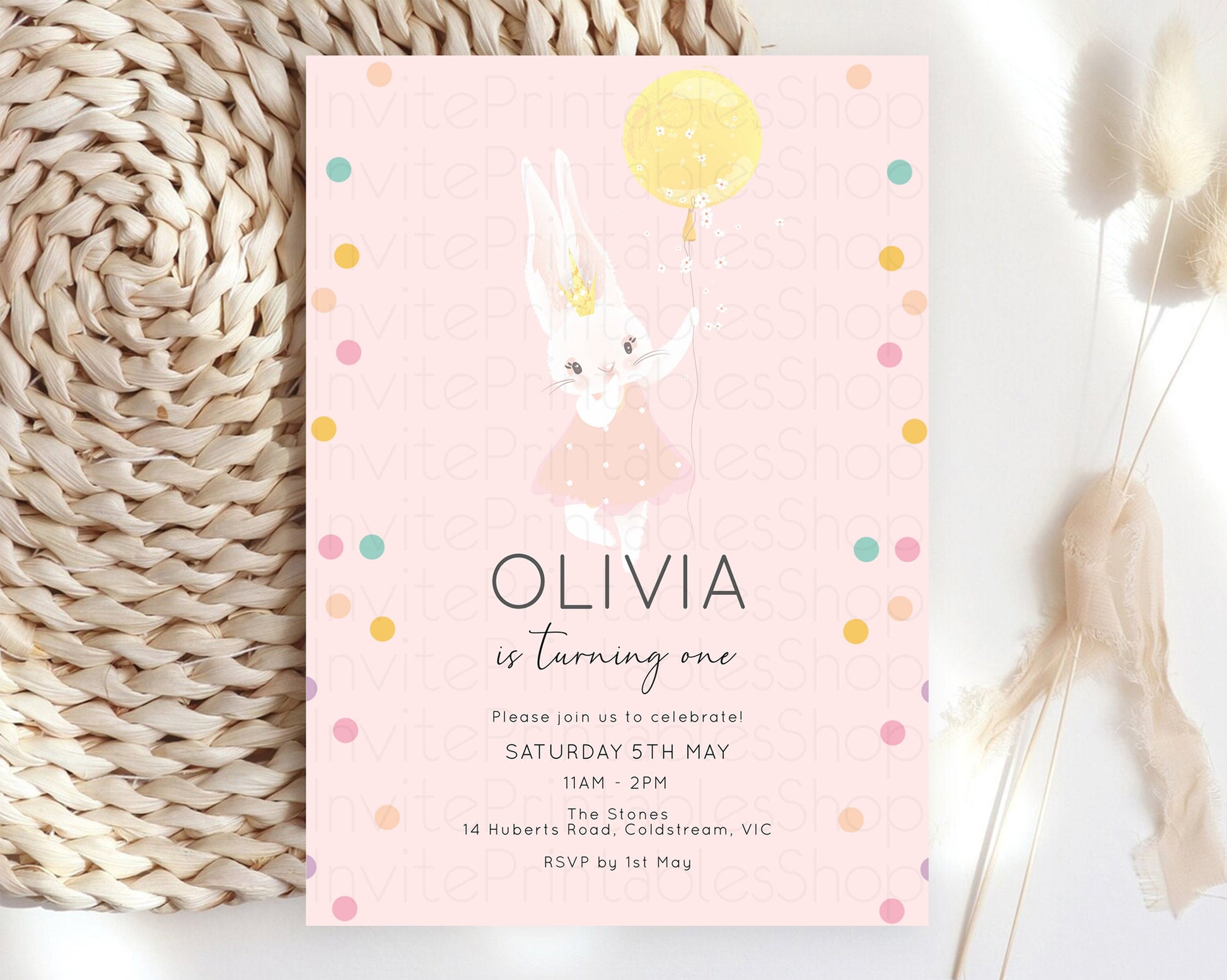 Editable Bunny Birthday Invite Balloon Birthday Invitation Cute Bunny Rabbit