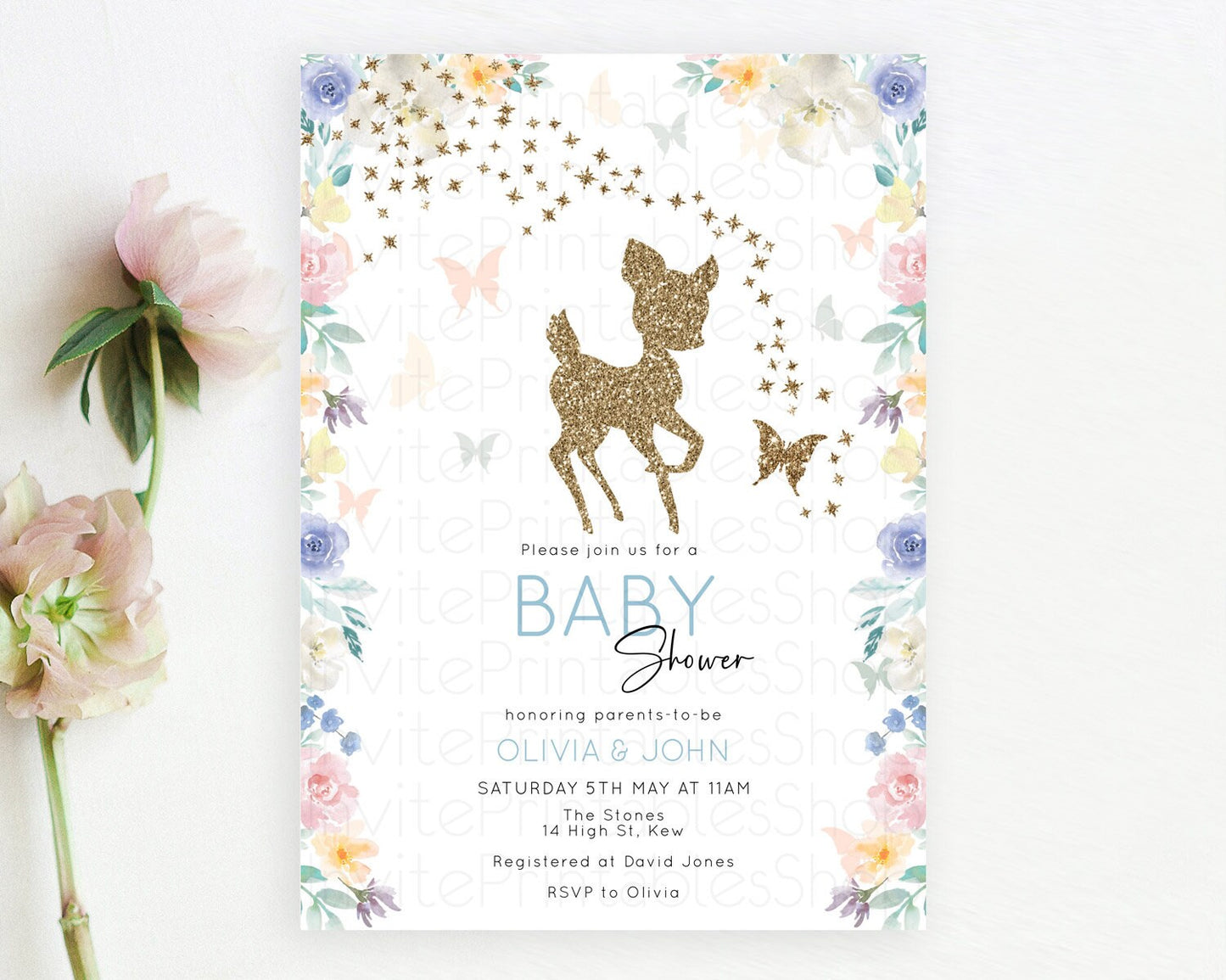 Deer Baby Shower Invitation, Enchanted Forest, Secret Garden, Pastel Green, Orange, Pink Floral, Butterflies, Whimsical Glitter Magic D10878