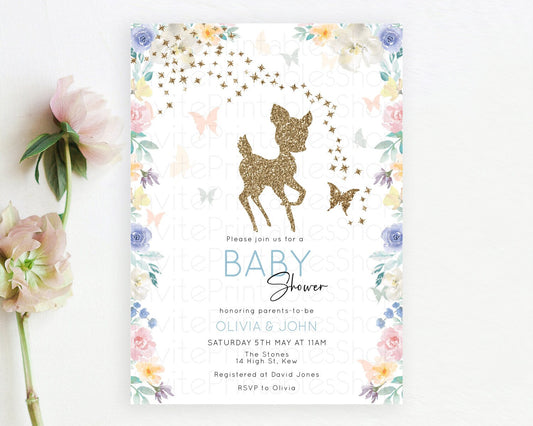 Deer Baby Shower Invitation, Enchanted Forest, Secret Garden, Pastel Green, Orange, Pink Floral, Butterflies, Whimsical Glitter Magic D10878