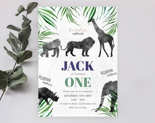 Safari Birthday Invitation Lion Gorilla Elephant Rhino Tropical Palm Jungle Safari Adventure Zoo Party Animal 2nd 1st First Birthday D10839