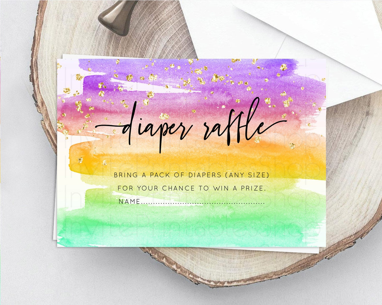 Pastel Diaper Raffle Card Pastel Rainbow Diaper Raffle Insert Colorful Ombre Watercolor Diaper Ticket Confetti Glitter Raffle Game D10524