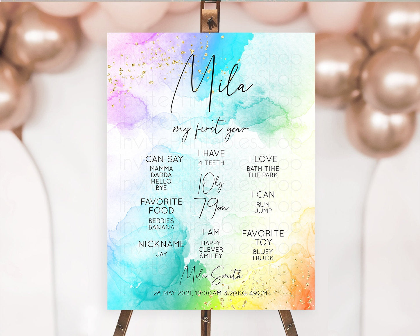Pastel First Birthday Milestone Board Pastel Rainbow Milestone Poster Colorful Confetti Watercolor Glitter 1st Birthday Welcome Sign D10771