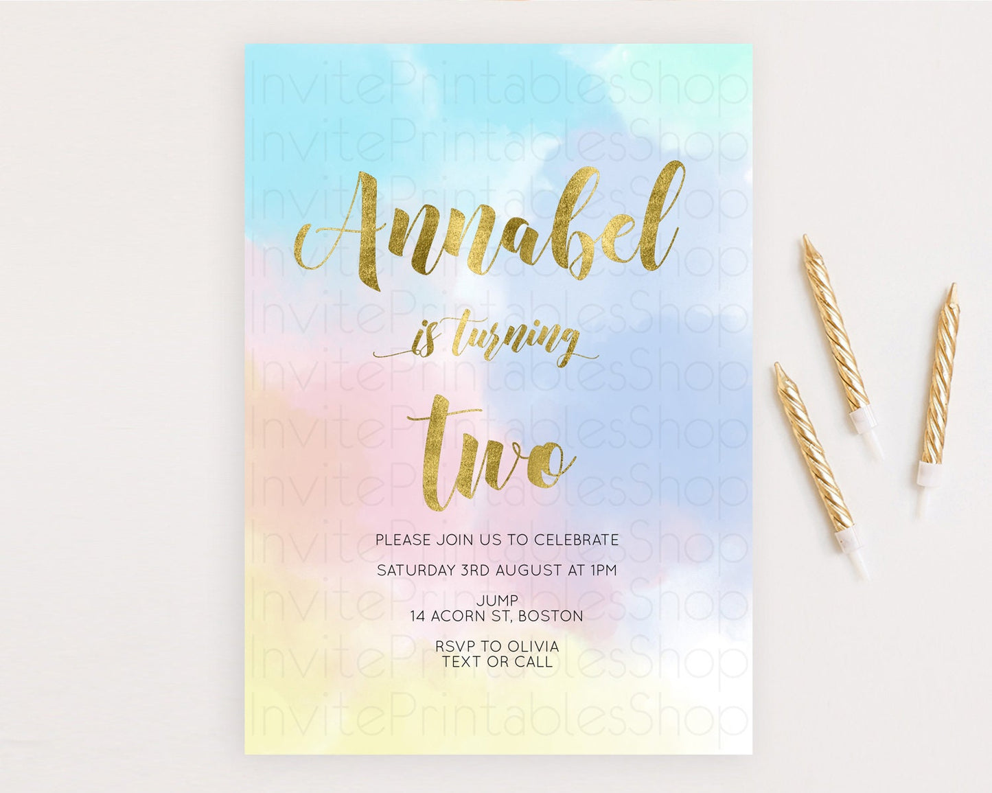 Rainbow Birthday Invitation Colorful Pastel Watercolor Invitation Gold Glitter Sprinkles Ombre Pastel 1st 2nd 3rd Birthday D10892