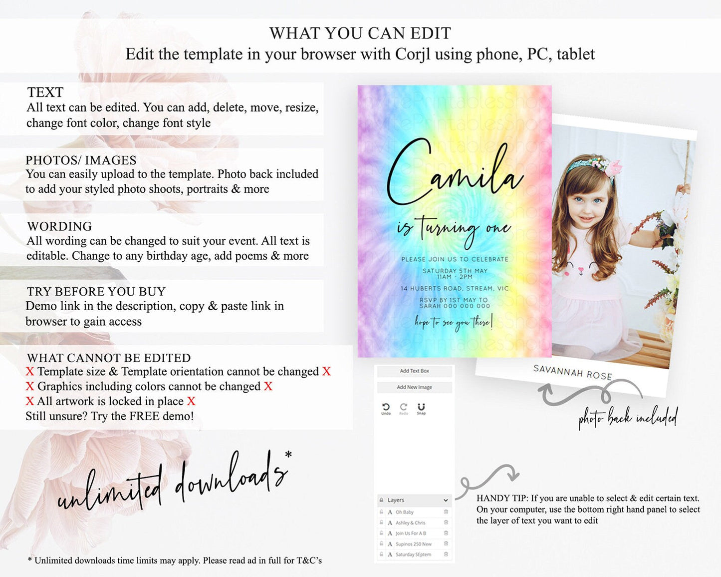 Tie Dye Invitation Rainbow Birthday Invitation Pastel Invitation Colorful Invitation Pastel Rainbow Party 3rd 2nd 1st First Birthday D10578