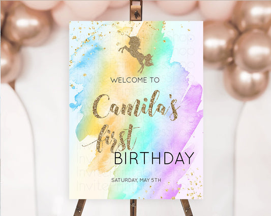 Unicorn Rainbow Birthday Welcome Board Pastel Unicorn Welcome Sign Magical Ombre Colorful Watercolor First Birthday Welcome Sign D10428