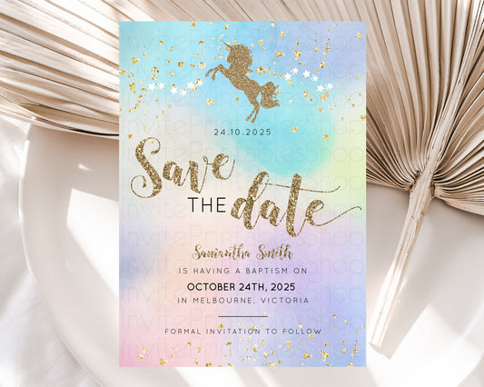 Editable Unicorn Rainbow Save The Date Template Pastel Unicorn Party Magical