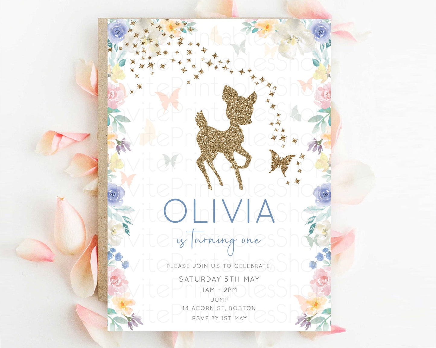 Fawn Birthday Invitation Deer Birthday Invitation Enchanted Forest Party Butterfly Pastel Flowers Whimsical 2nd 1st First Birthday D10878