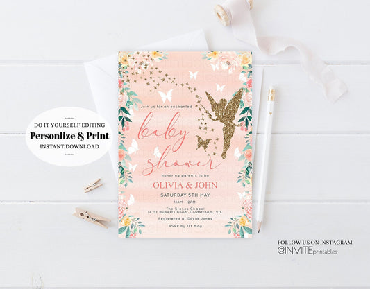 Editable Fairy Baby Shower Invitation Enchanted Baby Shower Tinkerbell Gold