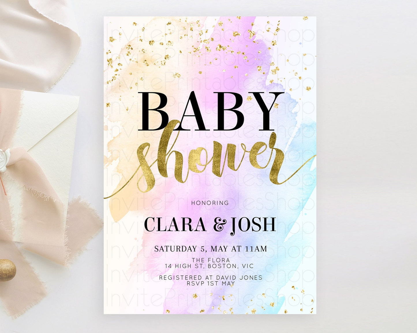 Pastel Baby Shower Invitation Rainbow Baby Shower Invitation Colorful Pastel Watercolor Invitation Gold Glitter Sprinkles Ombre D11027