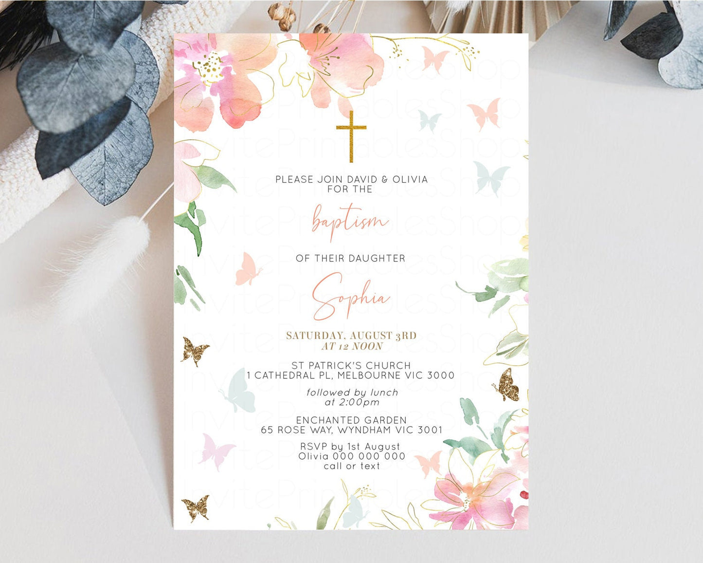 Secret Garden Baptism Invitation Floral Garden Christening Invite Enchanted Forest Invite Whimsical Floral Invite Botanical Pastel Pink 91