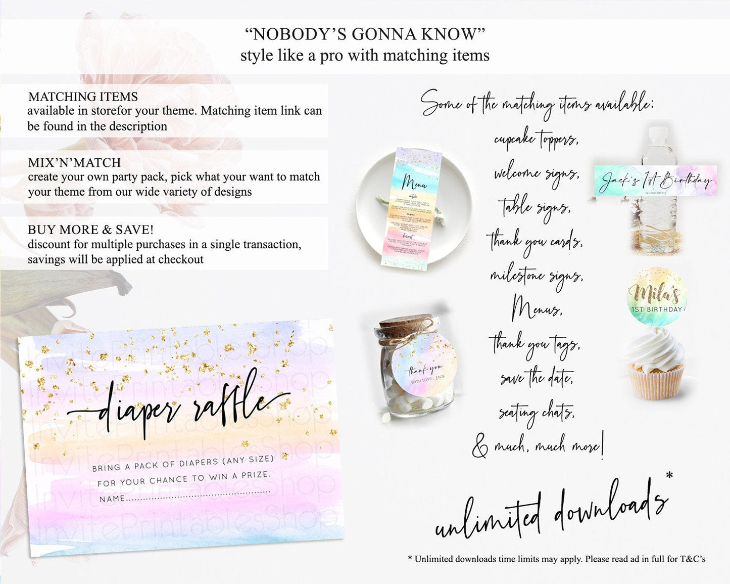 Pastel Diaper Raffle Card Pastel Rainbow Diaper Raffle Insert Colorful Ombre Watercolor Diaper Ticket Confetti Glitter Raffle Game D10594