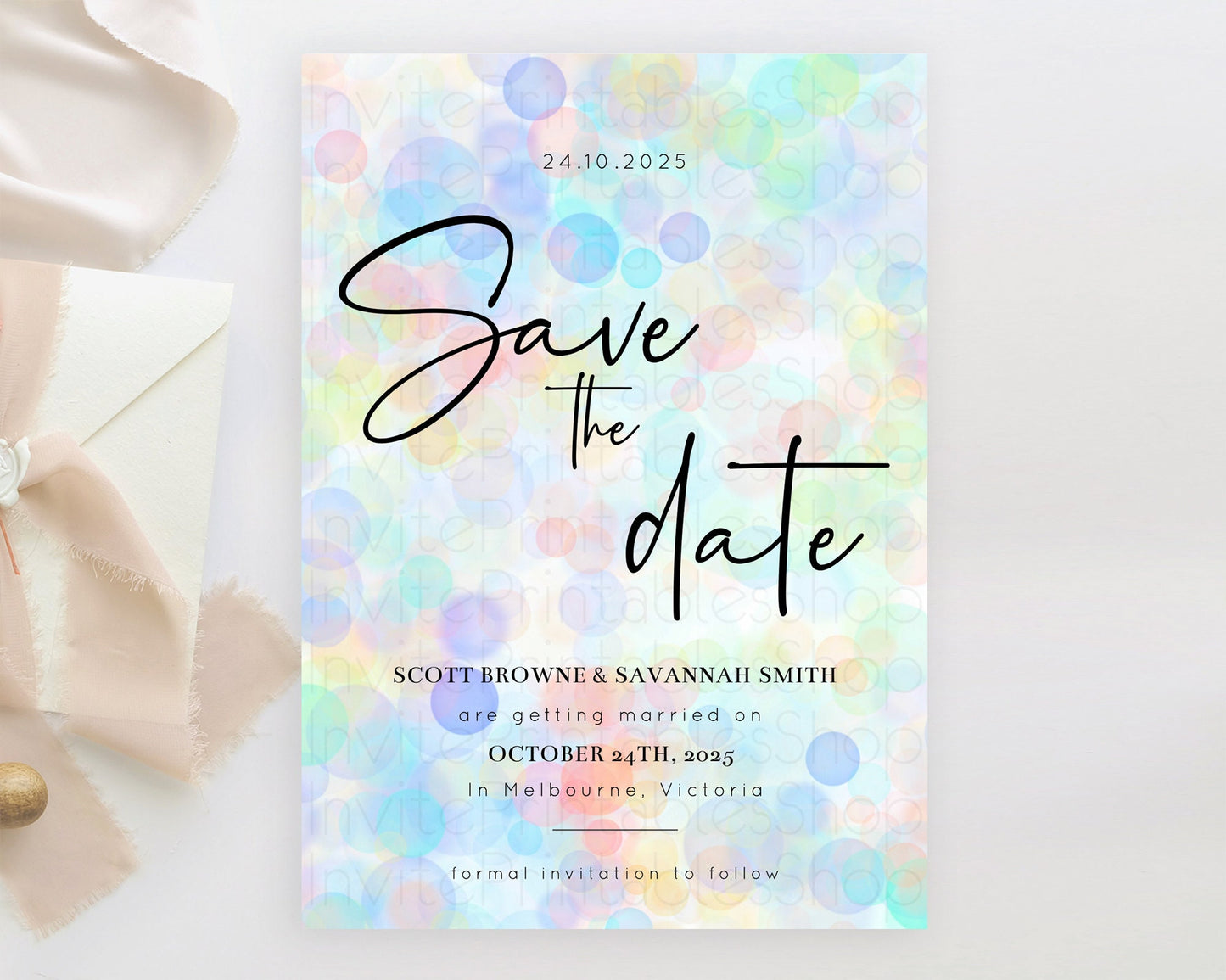 Pastel Bubbles Save The Date Template Bubble Bath Party Rainbow Colorful Confetti Sprinkles 1st Birthday Baby Shower Baptism Wedding D10445