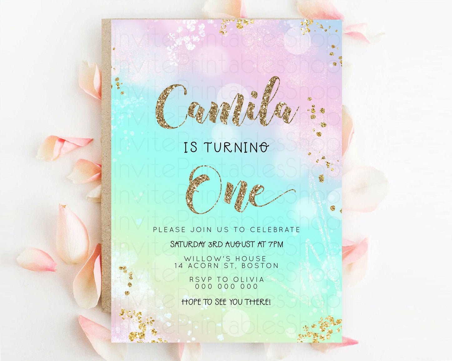 Rainbow Birthday Invitation Colorful Pastel Watercolor Invitation Gold Glitter Sprinkles Ombre Pastel 1st 2nd 3rd Birthday D23115