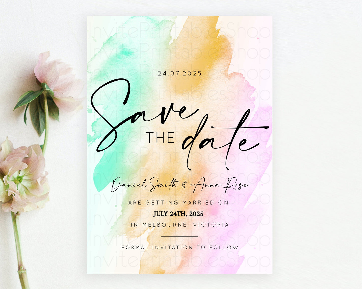 Pastel Save The Date Template Pastel Ombre Rainbow Watercolor Colorful Party For Birthday Baptism Baby Shower Wedding Bridal Shower D10962