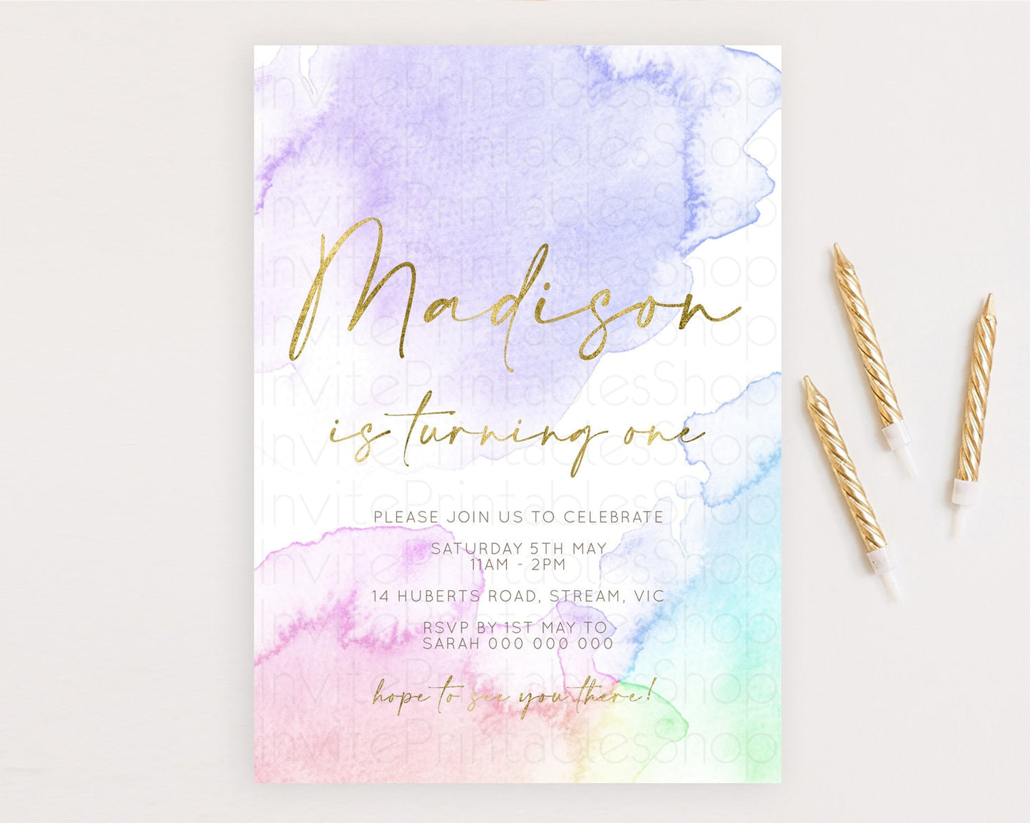 Rainbow Birthday Invitation Colorful Pastel Watercolor Invitation Gold Glitter Sprinkles Ombre Pastel 1st 2nd 3rd Birthday D10215