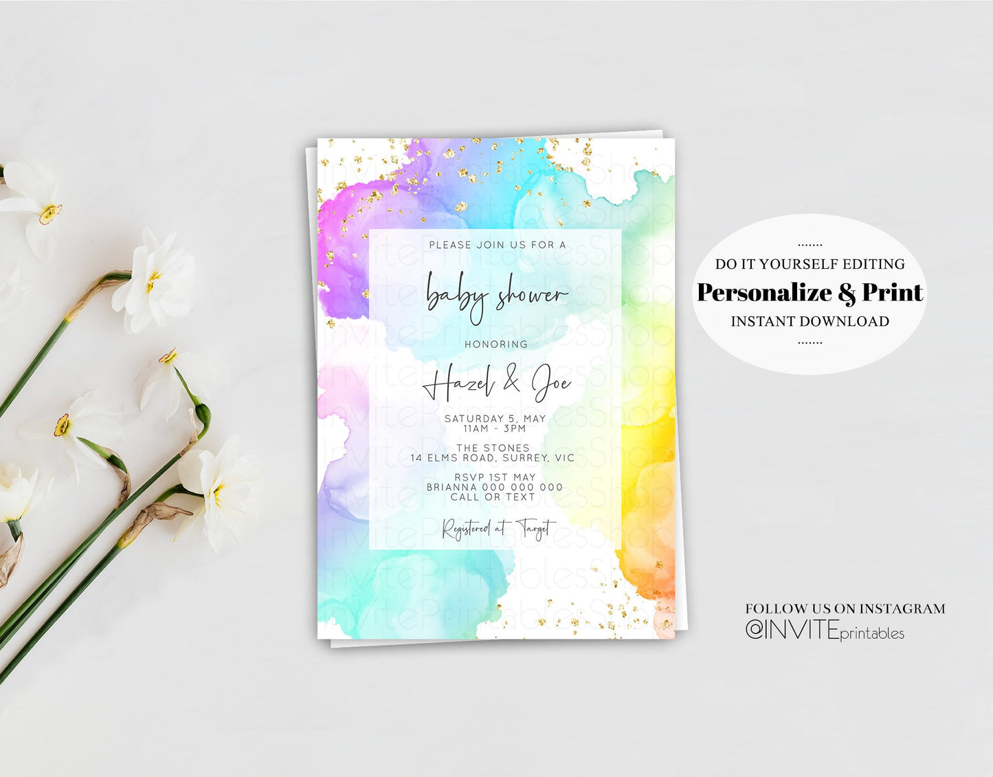 Rainbow Baby Shower Invitation Gold Glitter Splash Ink Pastel Watercolor Colorful Blue Pink Purple Gender Neutral Editable Invite Template