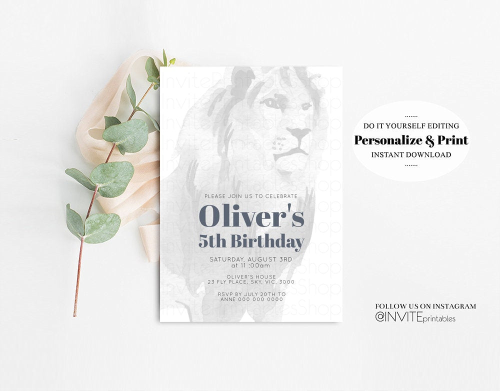 Lion Birthday Invitation Watercolor Lion Invite Tropical Palms Jungle Safari Adventure Zoo Party Wild Party Animal Custom Editable