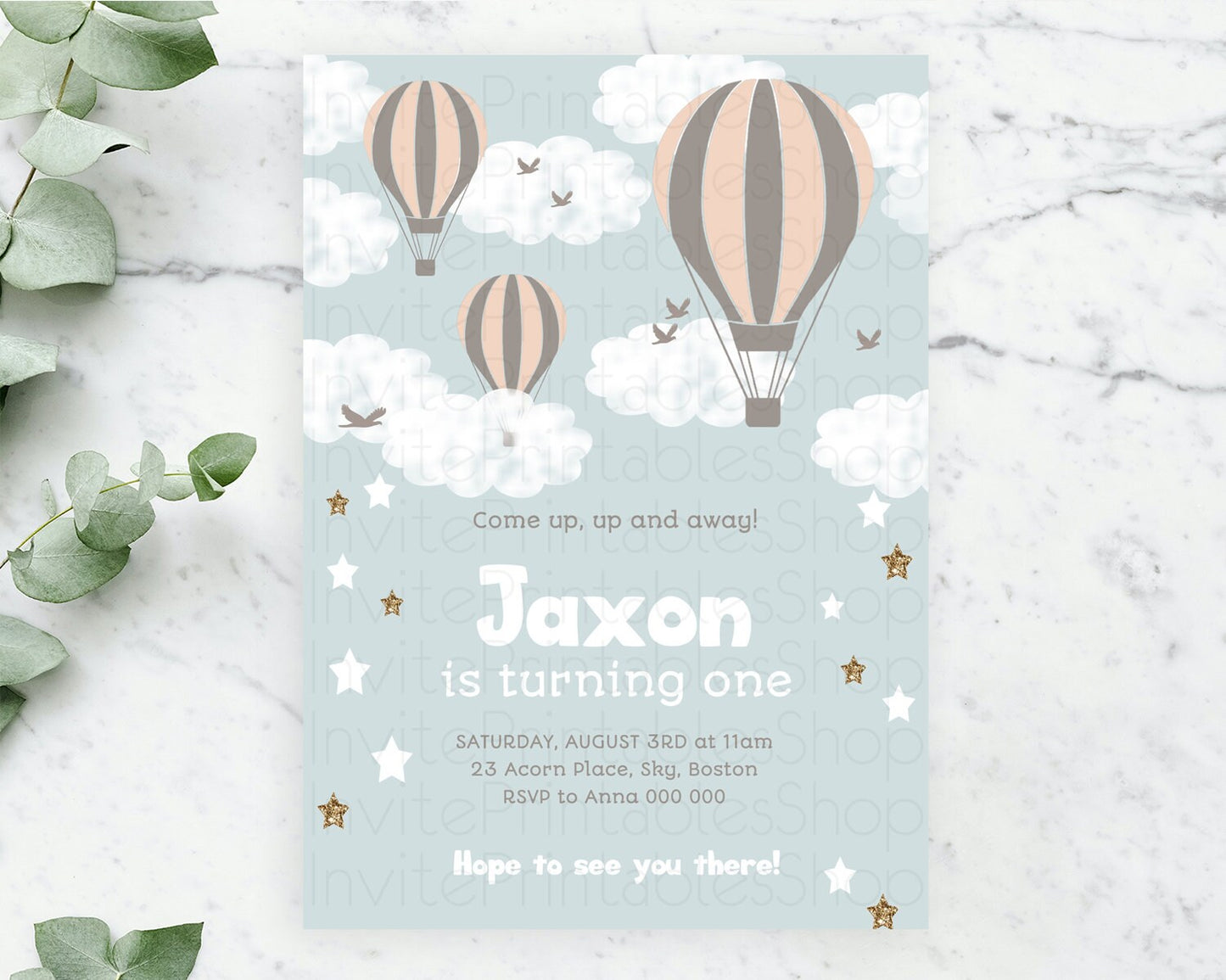 Hot Air Balloon Birthday Invitation Hot Air Balloon Invites Adventure Awaits Up Up & Away Glitter Blue Watercolor 1st Birthday Boy D10174