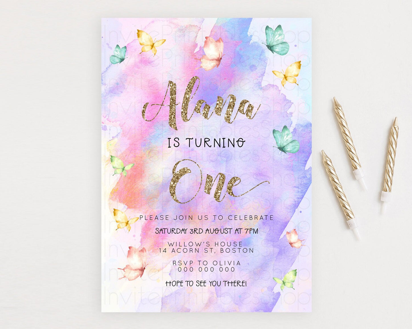 Pastel Butterfly Birthday Invitation Butterfly Birthday Invitation Colorful Splash Glitter Butterfly Garden 1st 2nd Birthday D23247