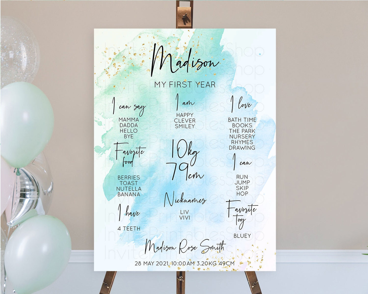 Blue First Birthday Milestone Poster Blue Watercolor Milestone Board Pastel Blue Watercolor Splash Milestone Board 1st Birthday Sign D10168