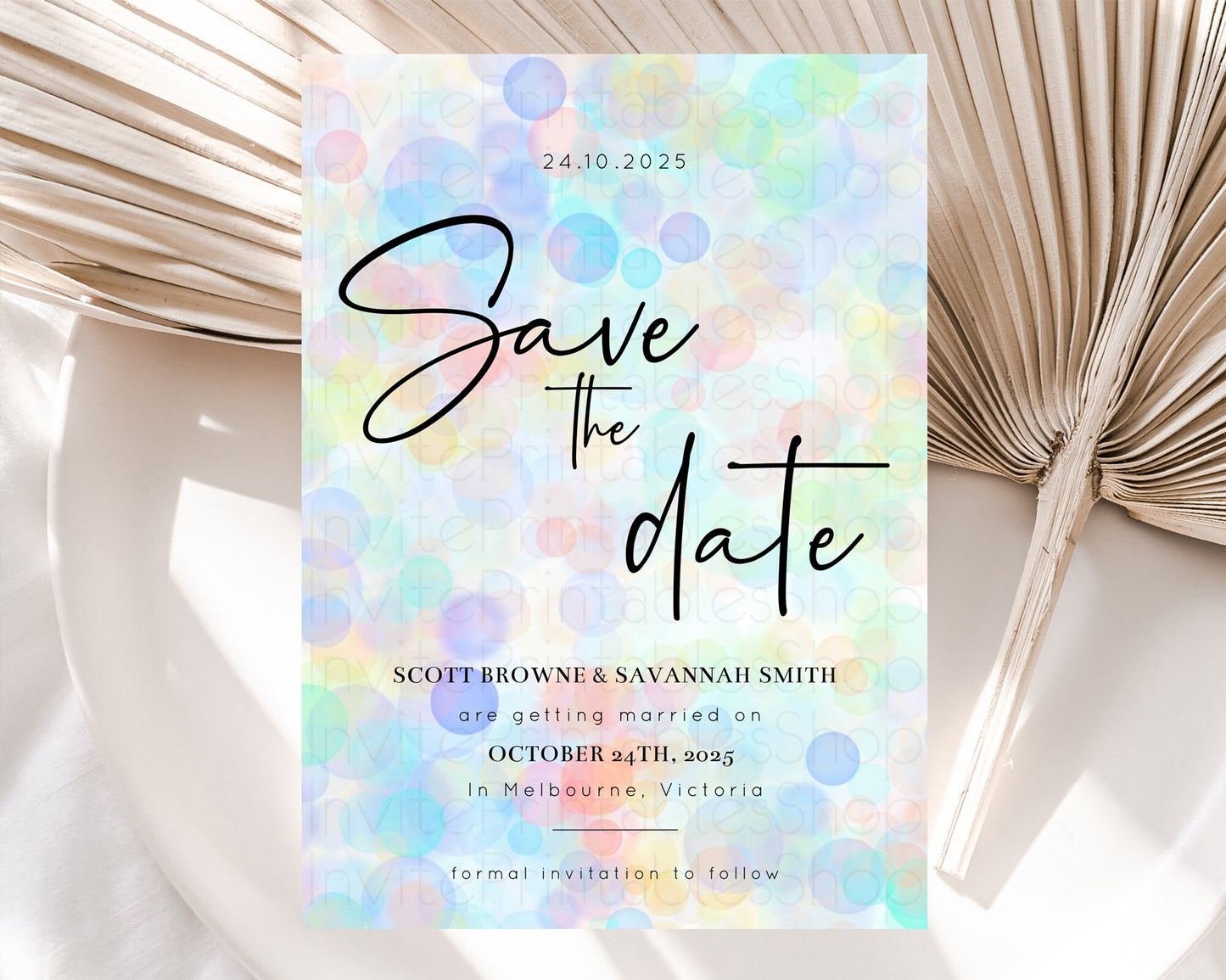 Pastel Bubbles Save The Date Template Bubble Bath Party Rainbow Colorful Confetti Sprinkles 1st Birthday Baby Shower Baptism Wedding D10445