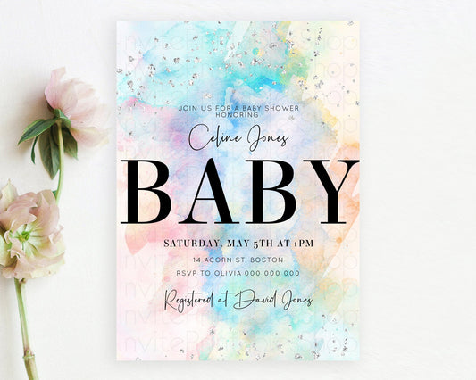 Editable Pastel Rainbow Baby Shower Invitation, Pastel Watercolor, Colorful