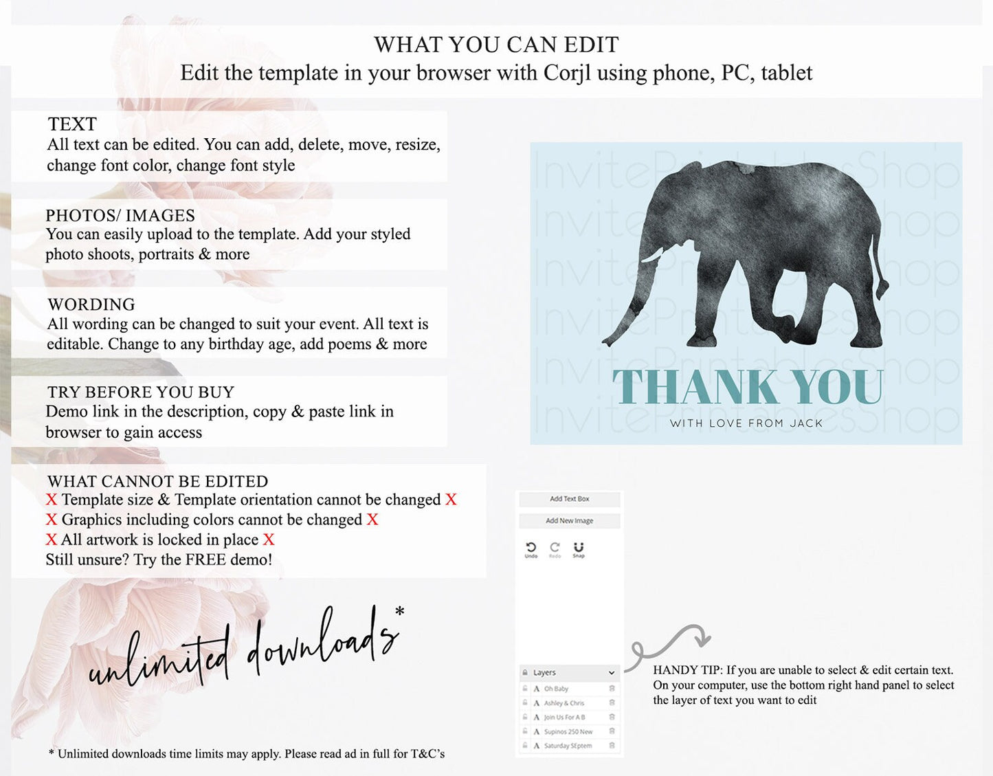 Pastel Elephant Thank You Rainbow Elephant Thank You Card Colorful Rainbow Birthday Thank You Pastel Teacher Thank You Card Template D10802