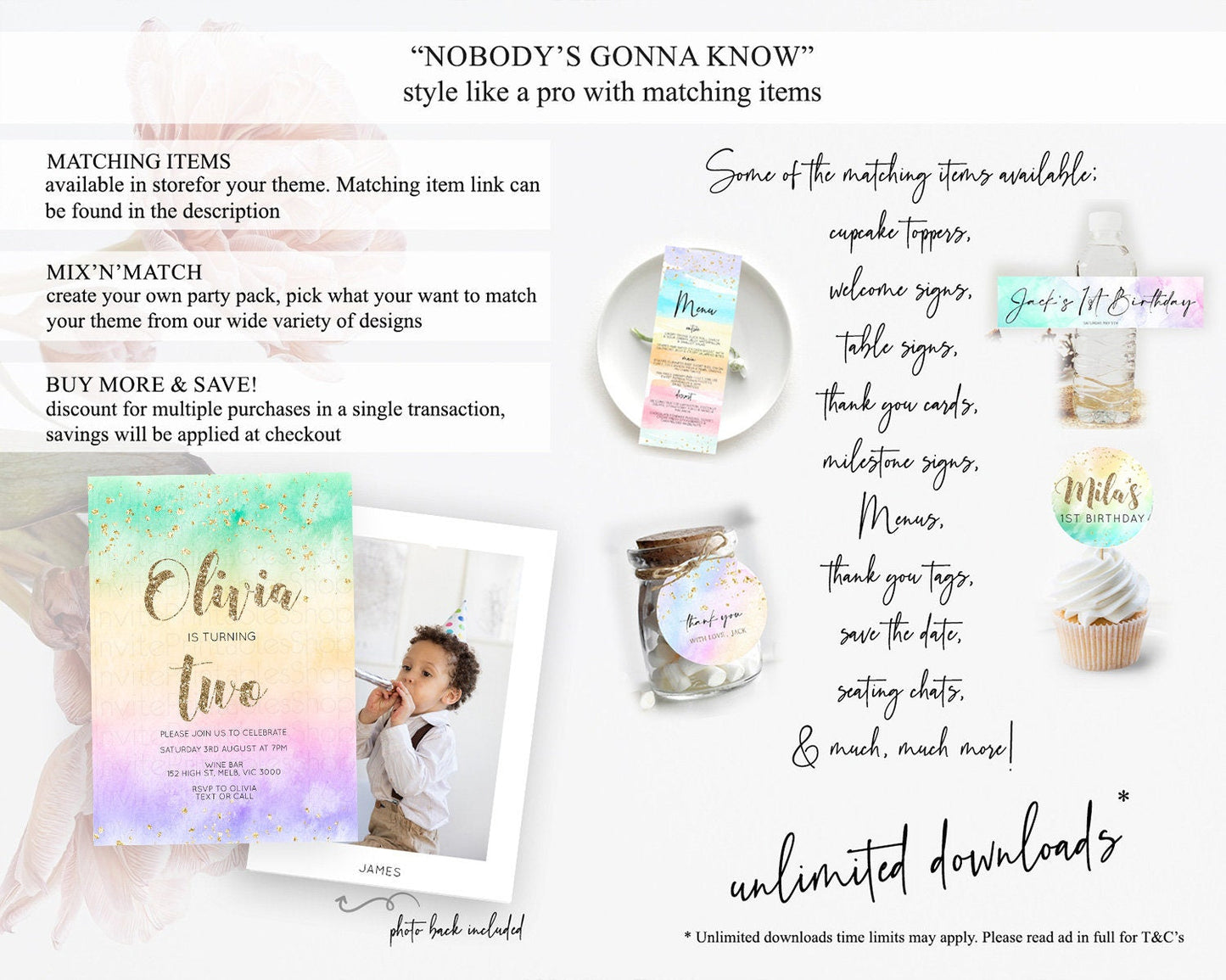 Rainbow Birthday Invitation Colorful Pastel Watercolor Invitation Gold Glitter Sprinkles Ombre Pastel 1st 2nd 3rd Birthday D10478