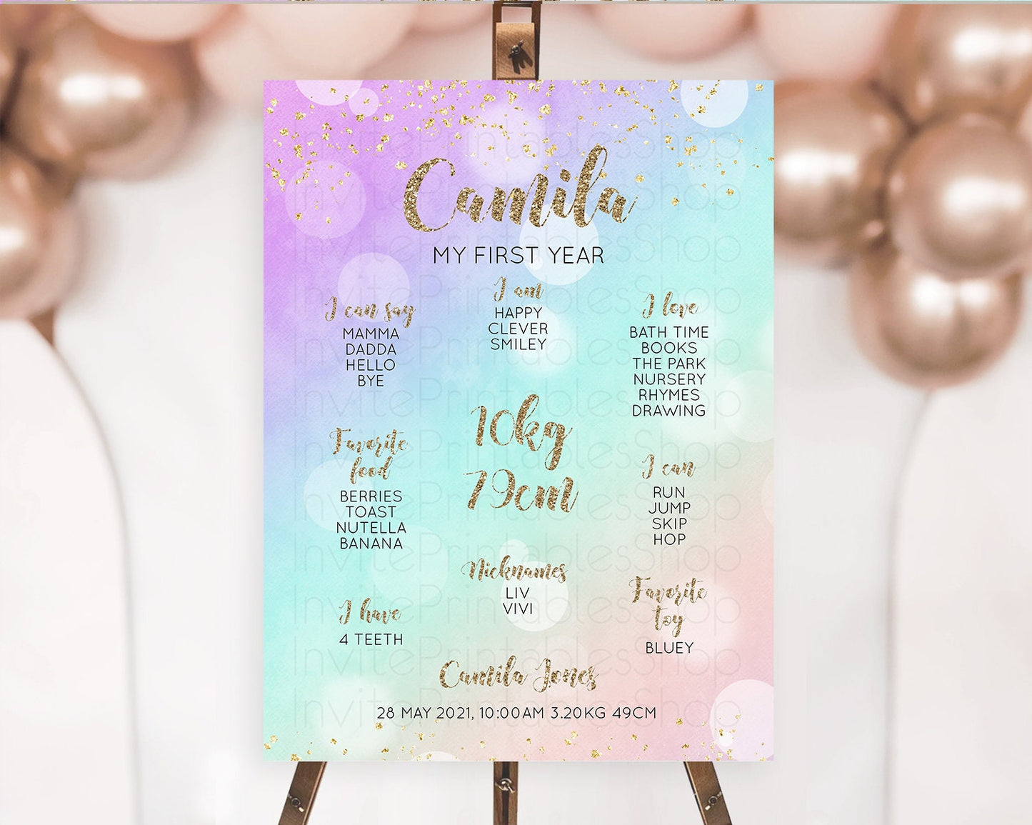 Pastel First Birthday Milestone Board Pastel Rainbow Milestone Poster Colorful Confetti Watercolor Glitter 1st Birthday Welcome Sign D10621