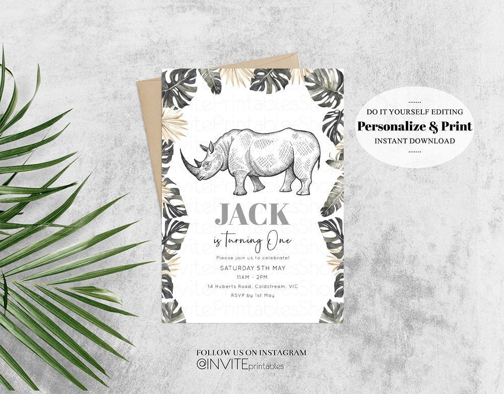 Rhinoceros Birthday Invitation Watercolor Rhino Tropical Palm Jungle Safari Adventure Zoo Party Wild Party Animal Editable Invite p269