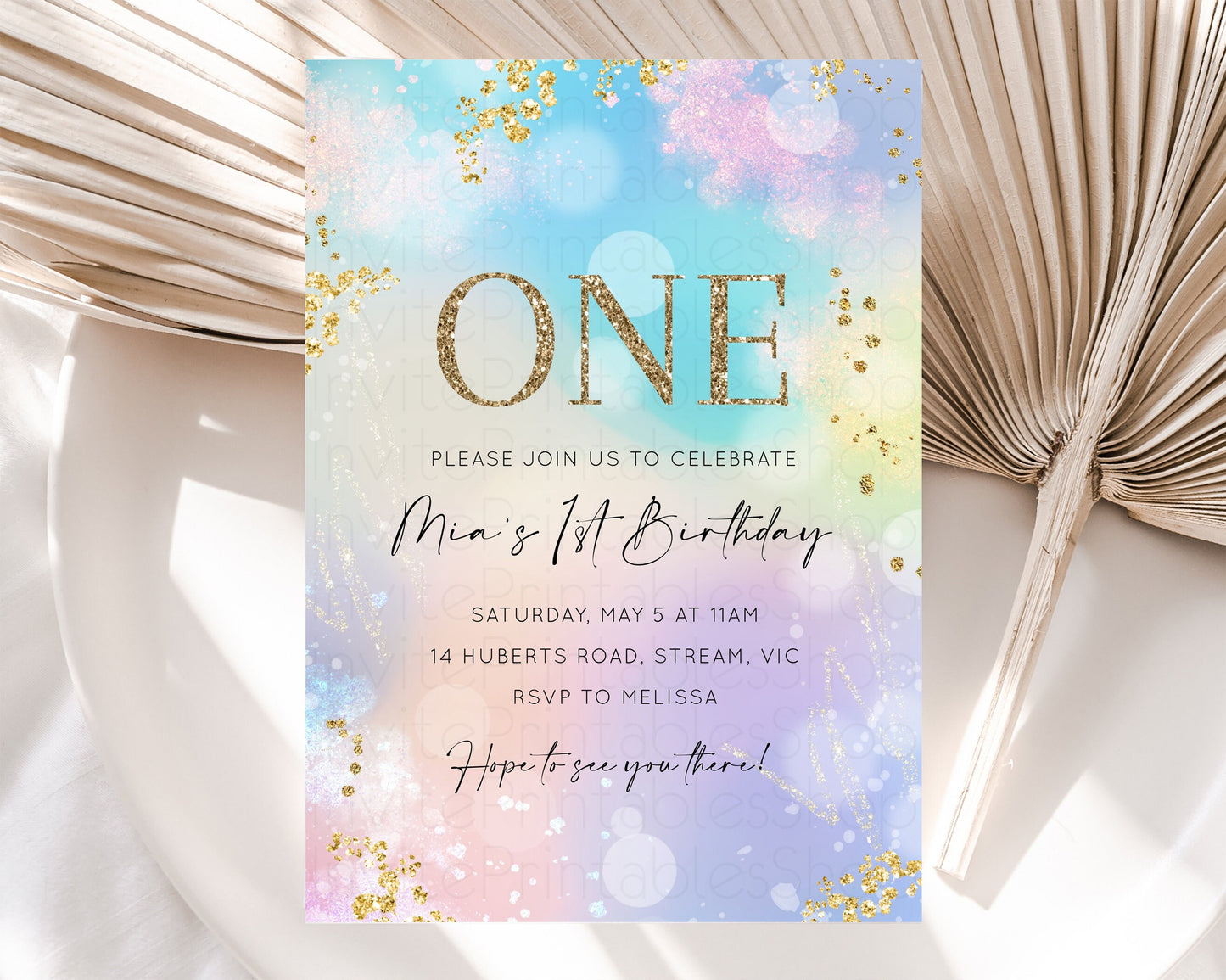 Rainbow Birthday Invitation Pastel Birthday Invite Ombre Watercolor Invite Enchanted Theme Colorful Splash Glitter Sprinkles 1st 2nd 3rd 707