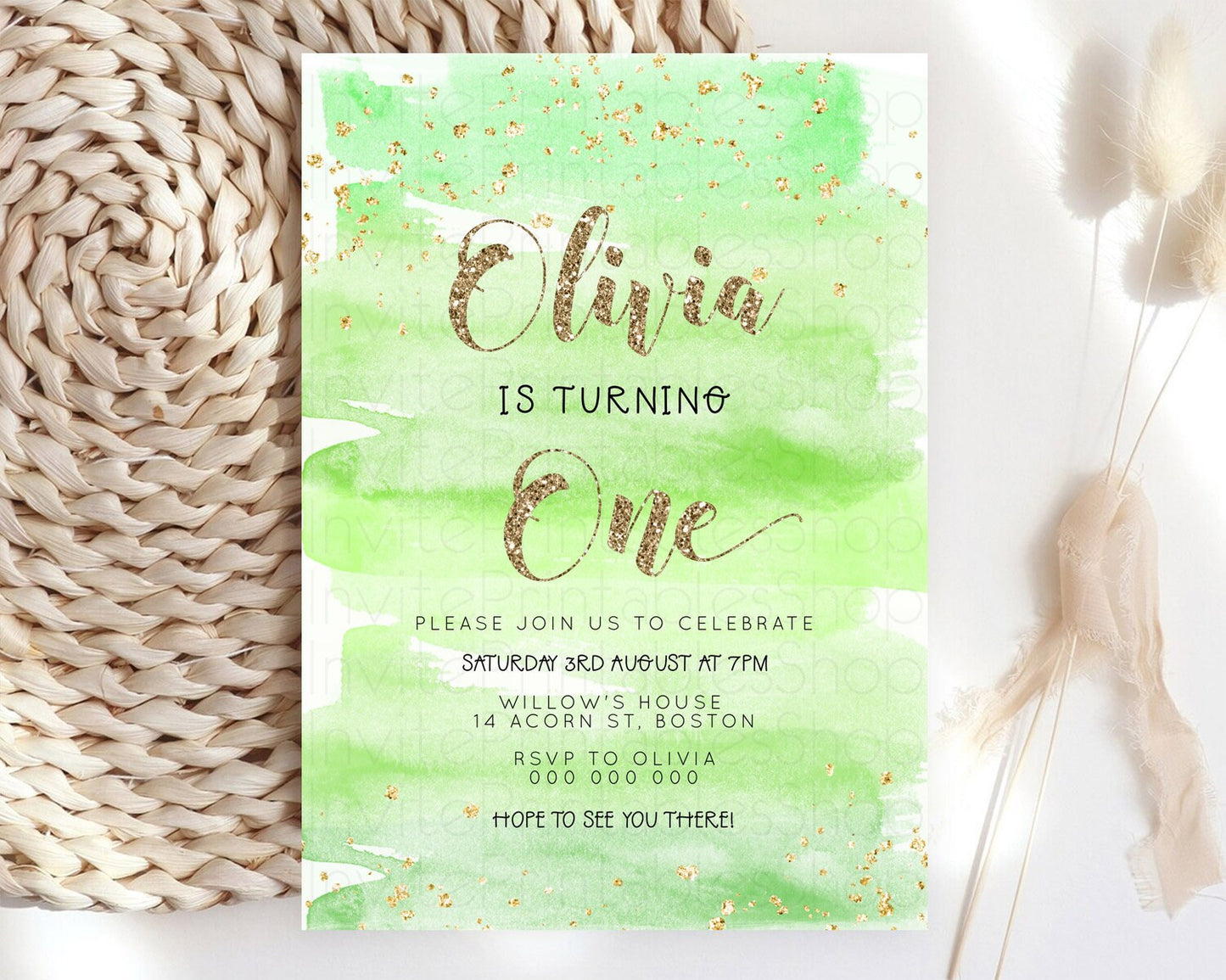 Green Birthday Invitation green Watercolor Invitation Pastel green Watercolor Invitation green Splash Gold Invitation First Birthday D23281