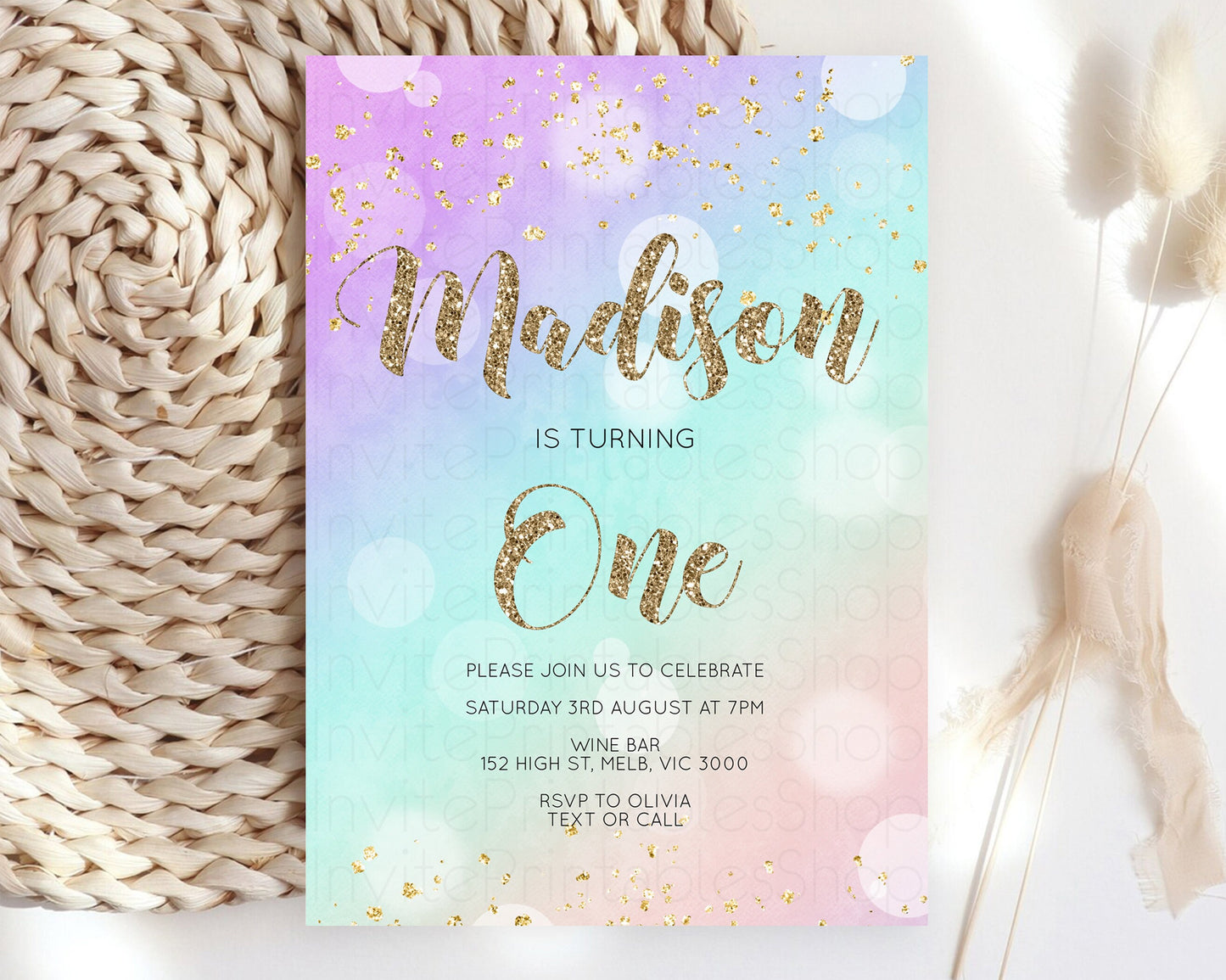 Rainbow Birthday Invitation Pastel Birthday Invite Ombre Watercolor Invite Enchanted Theme Colorful Splash Glitter Sprinkles 1st 2nd 3rd