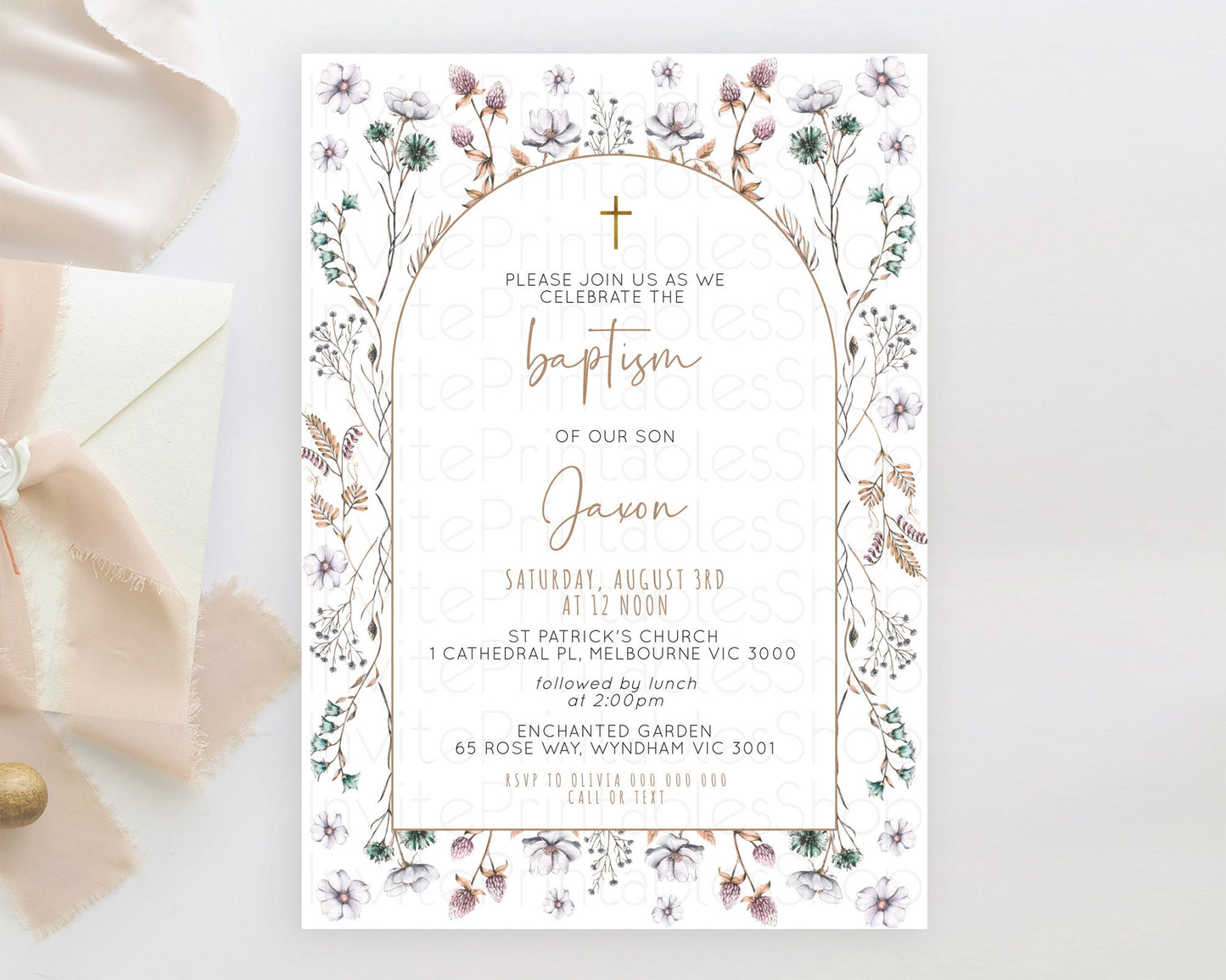 Secret Garden Baptism Invitation Wildflower Baptism Birthday Invite Pastel Flowers Christening Invite Enchanted Garden Boho Floral  D10604