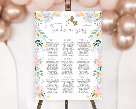 Editable Unicorn Garden Seating Chart Pastel Floral Unicorn Seating Chart Ma