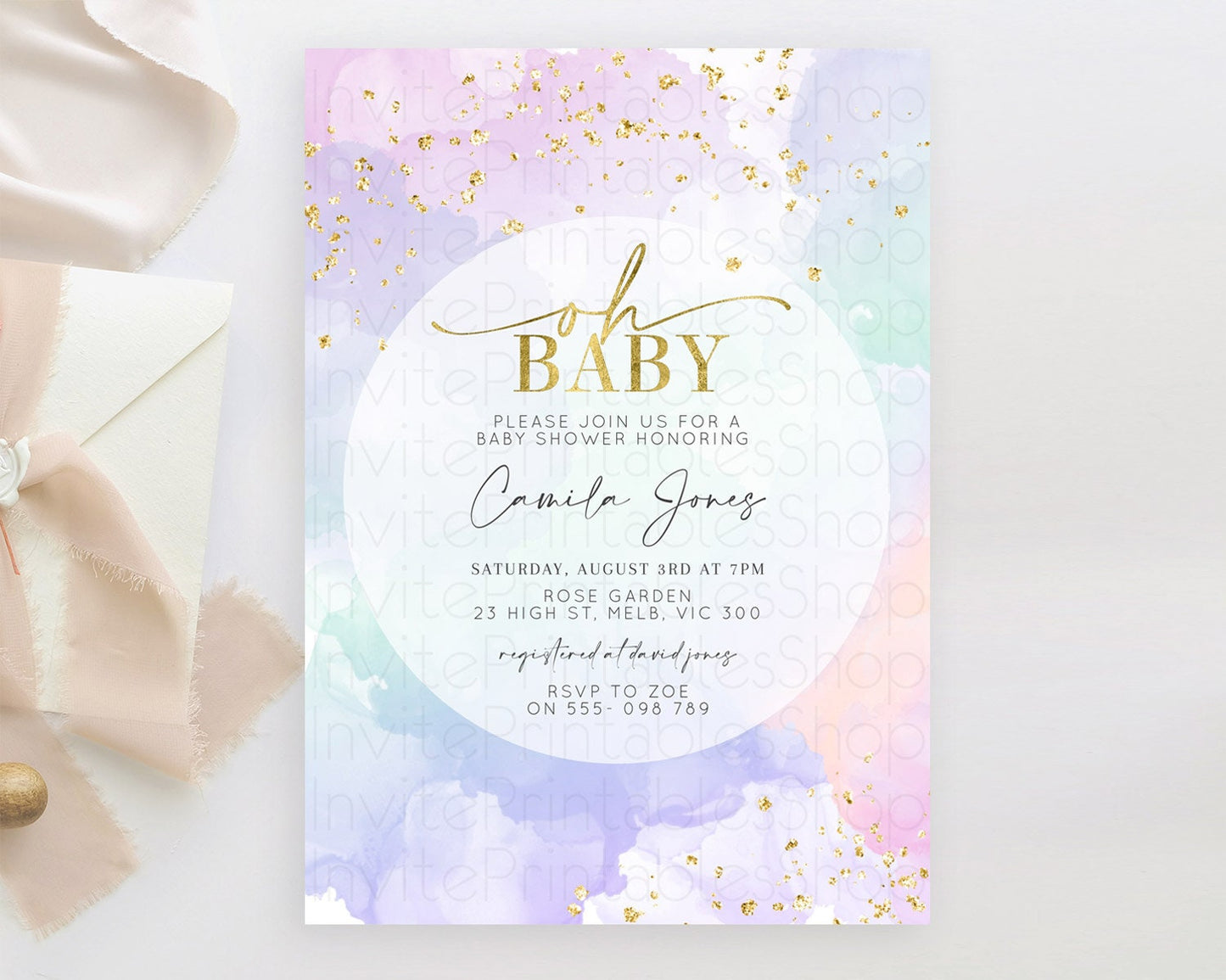 Pastel Rainbow Baby Shower Invitation, Colorful Watercolor with Gold Glitter Sprinkles and Ombre Clouds in Pink, Purple, Soft Green D10624