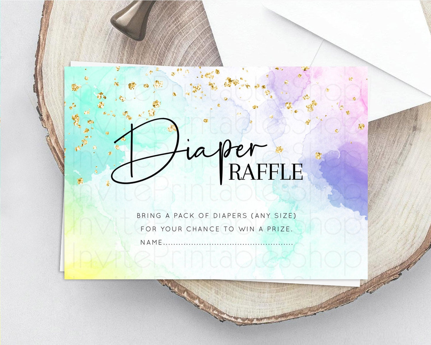 Pastel Diaper Raffle Card Pastel Rainbow Diaper Raffle Insert Colorful Ombre Watercolor Diaper Ticket Confetti Glitter Raffle Game D10158