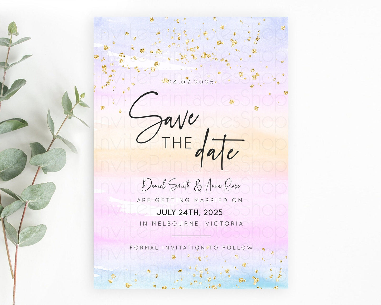 Pastel Save The Date Template Pastel Ombre Rainbow Watercolor Colorful Party For Birthday Baptism Baby Shower Wedding Bridal Shower D10594